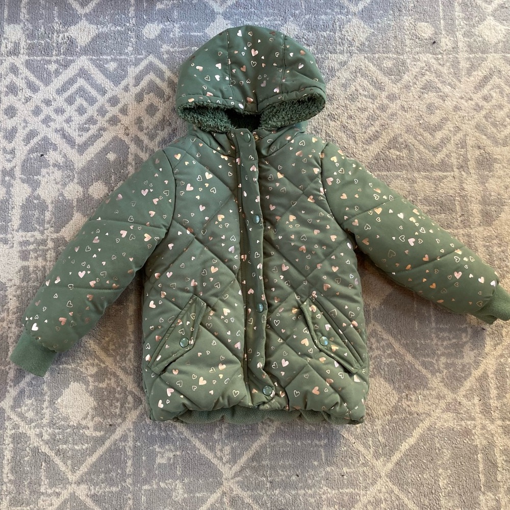 Girls 6 OshKosh Perfect Puffer Jacketet Winter Coat Green Gold Hearts Hood